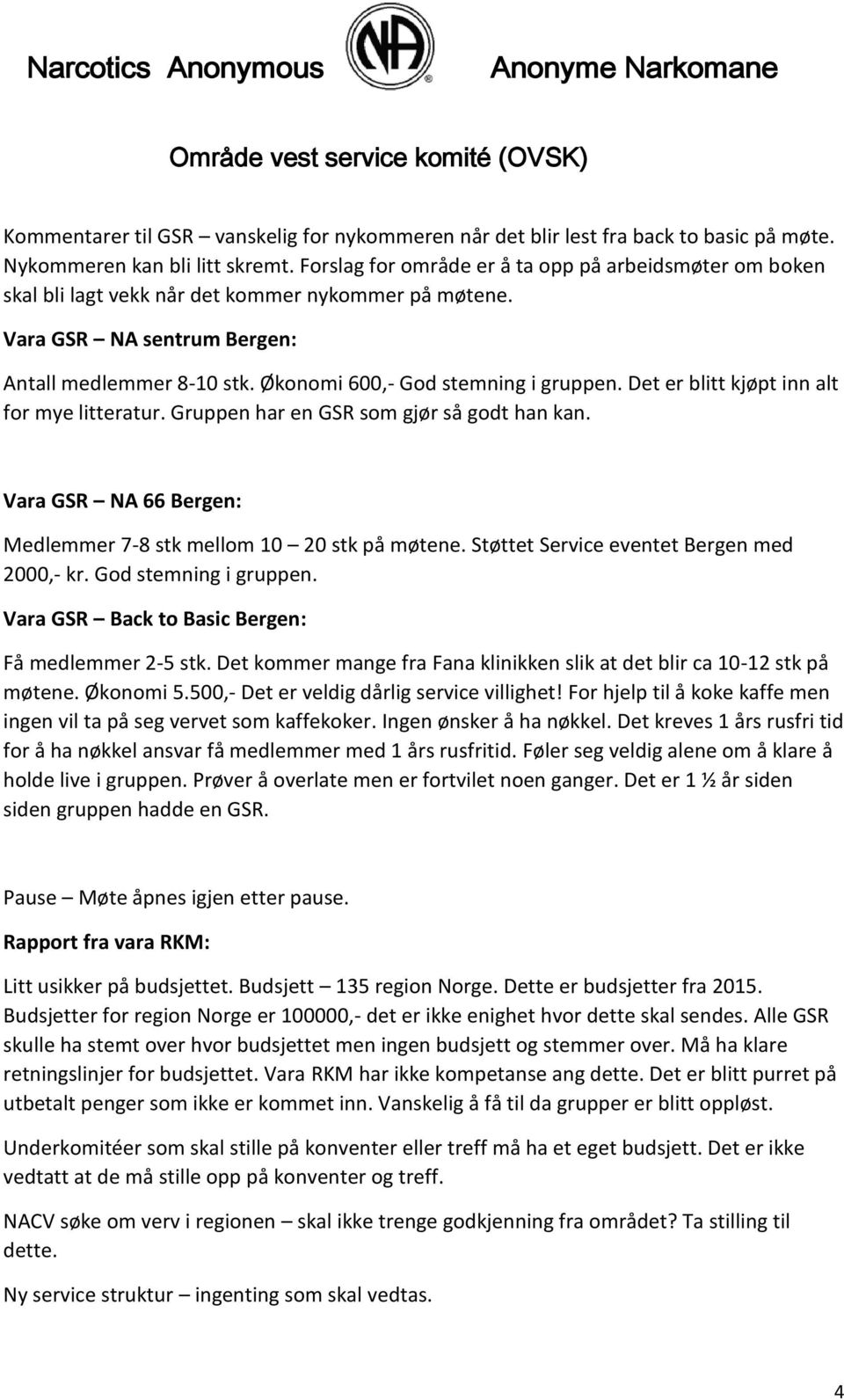 Økonomi 600,- God stemning i gruppen. Det er blitt kjøpt inn alt for mye litteratur. Gruppen har en GSR som gjør så godt han kan. Vara GSR NA 66 Bergen: Medlemmer 7-8 stk mellom 10 20 stk på møtene.