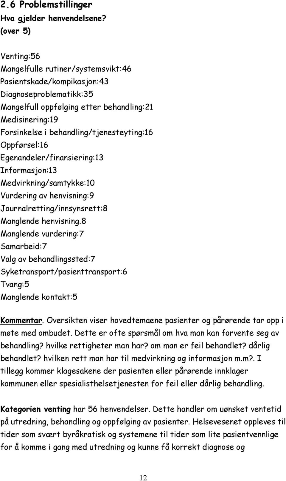 behandling/tjenesteyting:16 Oppførsel:16 Egenandeler/finansiering:13 Informasjon:13 Medvirkning/samtykke:10 Vurdering av henvisning:9 Journalretting/innsynsrett:8 Manglende henvisning.