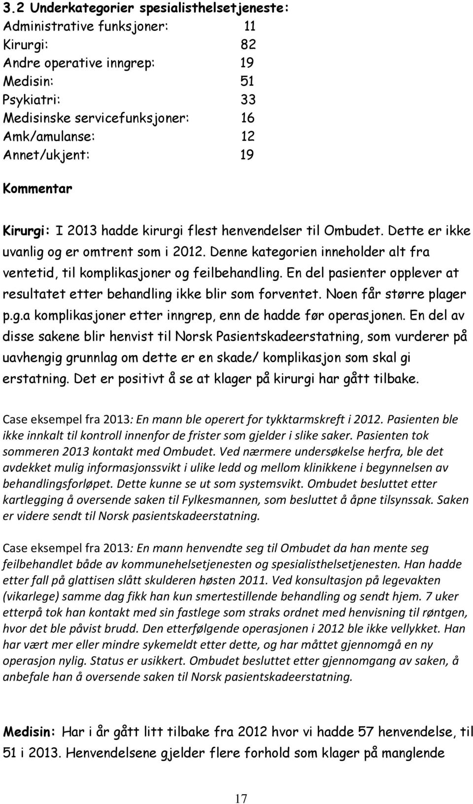 Denne kategorien inneholder alt fra ventetid, til komplikasjoner og feilbehandling. En del pasienter opplever at resultatet etter behandling ikke blir som forventet. Noen får større plager p.g.a komplikasjoner etter inngrep, enn de hadde før operasjonen.