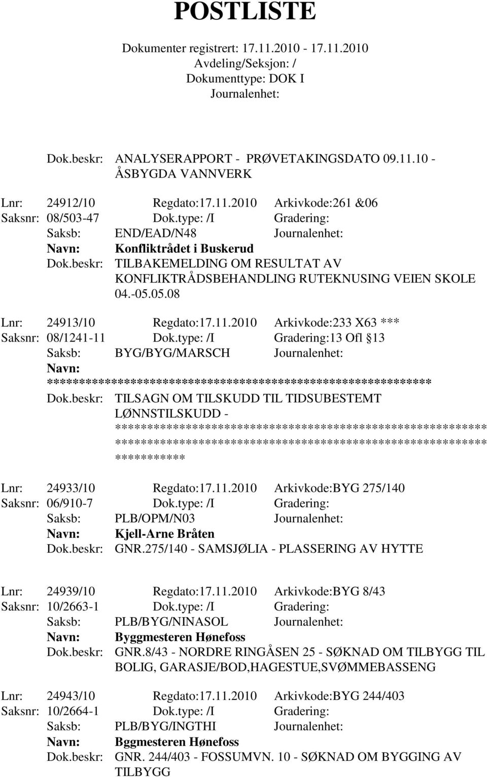 2010 Arkivkode:233 X63 *** Saksnr: 08/1241-11 Dok.type: /I Gradering:13 Ofl 13 Saksb: BYG/BYG/MARSCH ** Dok.beskr: TILSAGN OM TILSKUDD TIL TIDSUBESTEMT LØNNSTILSKUDD - Lnr: 24933/10 Regdato:17.11.2010 Arkivkode:BYG 275/140 Saksnr: 06/910-7 Dok.