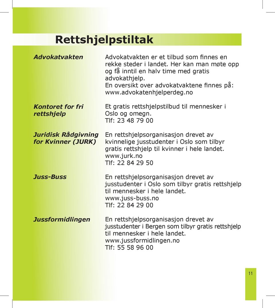 Tlf: 23 48 79 00 En rettshjelpsorganisasjon drevet av kvinnelige jusstudenter i Oslo som tilbyr gratis rettshjelp til kvinner i hele landet. www.jurk.