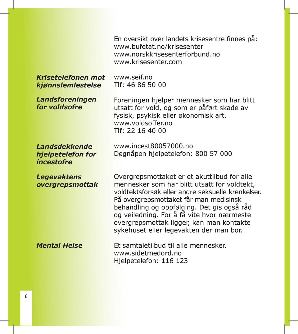 seif.no Tlf: 46 86 50 00 Foreningen hjelper mennesker som har blitt utsatt for vold, og som er påført skade av fysisk, psykisk eller økonomisk art. www.voldsoffer.no Tlf: 22 16 40 00 www.