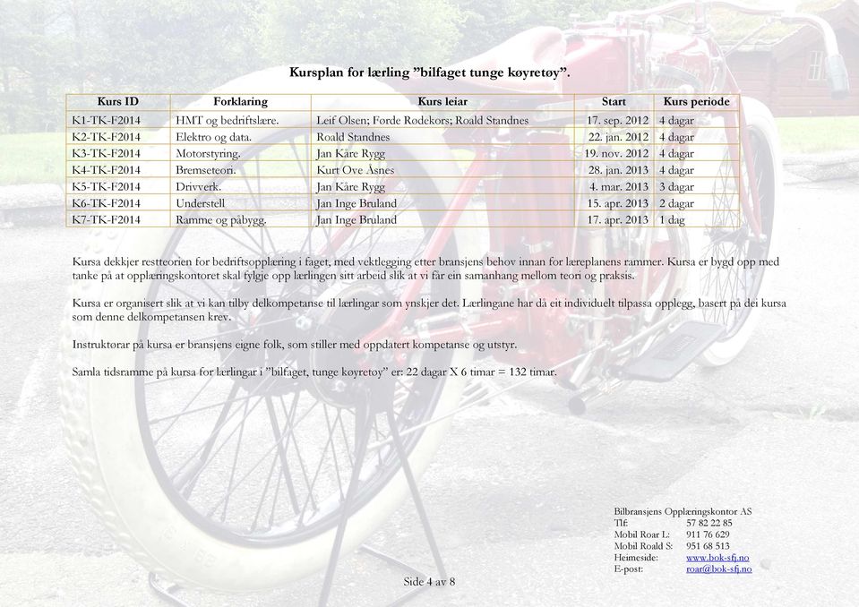 2013 3 dagar K6-TK-F2014 Understell Jan Inge Bruland 15. apr. 2013 2 dagar K7-TK-F2014 Ramme og påbygg. Jan Inge Bruland 17. apr. 2013 1 dag Kursa dekkjer restteorien for bedriftsopplæring i faget, med vektlegging etter bransjens behov innan for læreplanens rammer.