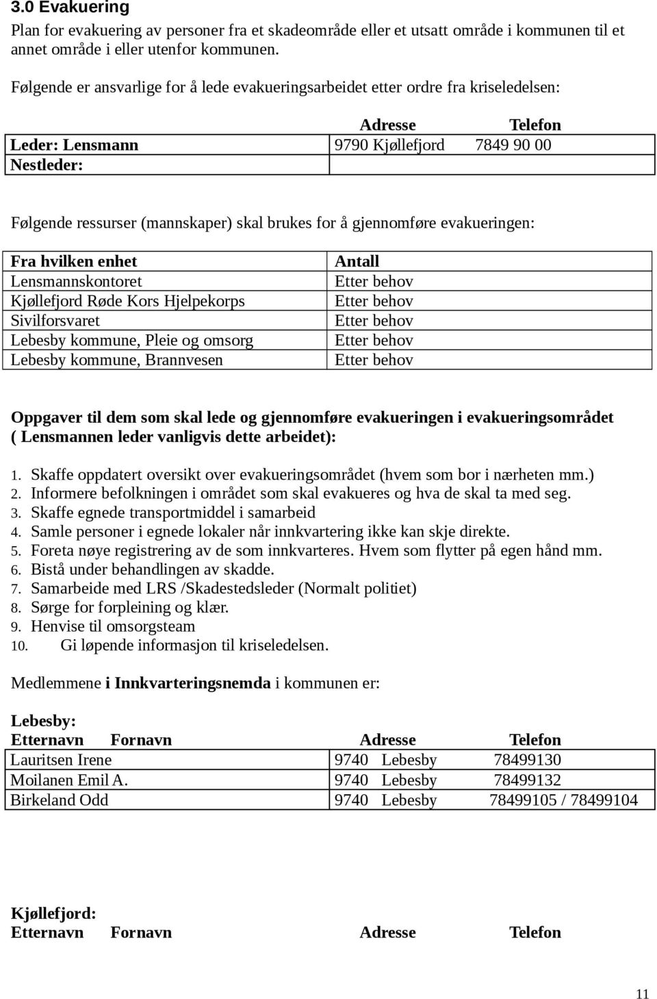 for å gjennomføre evakueringen: Fra hvilken enhet Lensmannskontoret Kjøllefjord Røde Kors Hjelpekorps Sivilforsvaret Lebesby kommune, Pleie og omsorg Lebesby kommune, Brannvesen Antall Etter behov