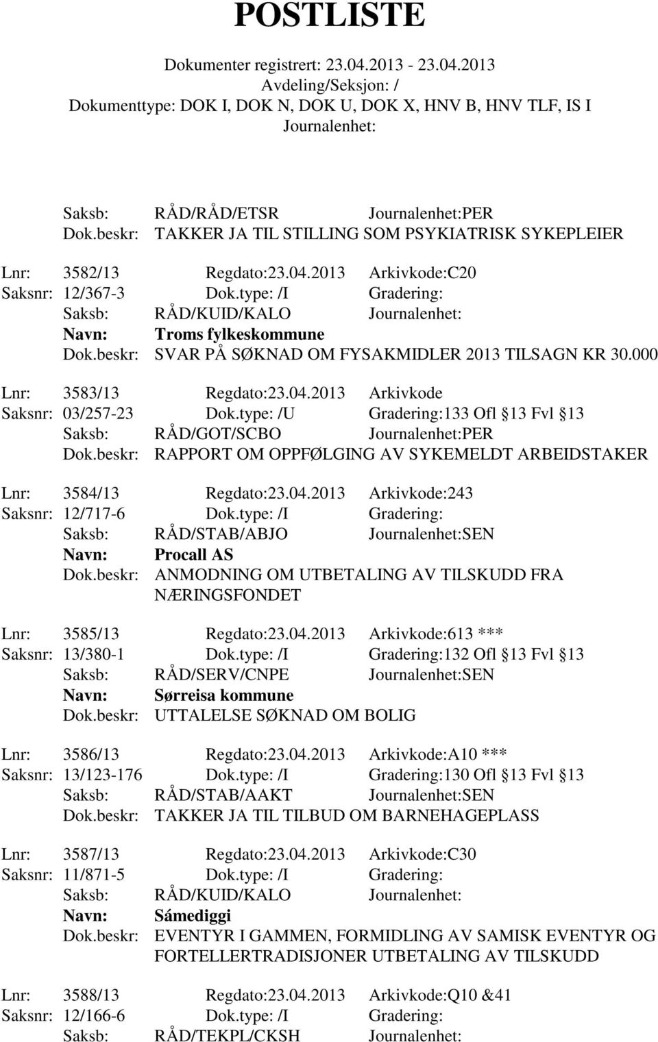 type: /U Gradering:133 Ofl 13 Fvl 13 Saksb: RÅD/GOT/SCBO PER Dok.beskr: RAPPORT OM OPPFØLGING AV SYKEMELDT ARBEIDSTAKER Lnr: 3584/13 Regdato:23.04.2013 Arkivkode:243 Saksnr: 12/717-6 Dok.