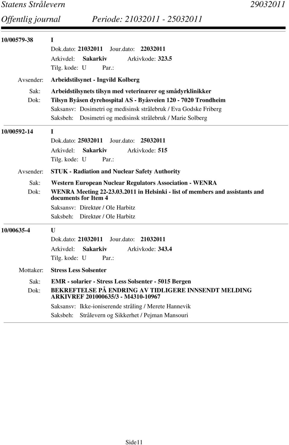 / Eva Godske Friberg Saksbeh: Dosimetri og medisinsk strålebruk / Marie Solberg 10/00592-14 I Dok.dato: 25032011 Jour.