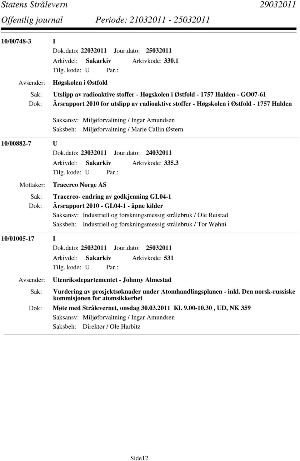 Miljøforvaltning / Ingar Amundsen Saksbeh: Miljøforvaltning / Marie Callin Østern 10/00882-7 U Dok.dato: 23032011 Jour.dato: 24032011 Arkivdel: Sakarkiv Arkivkode: 335.