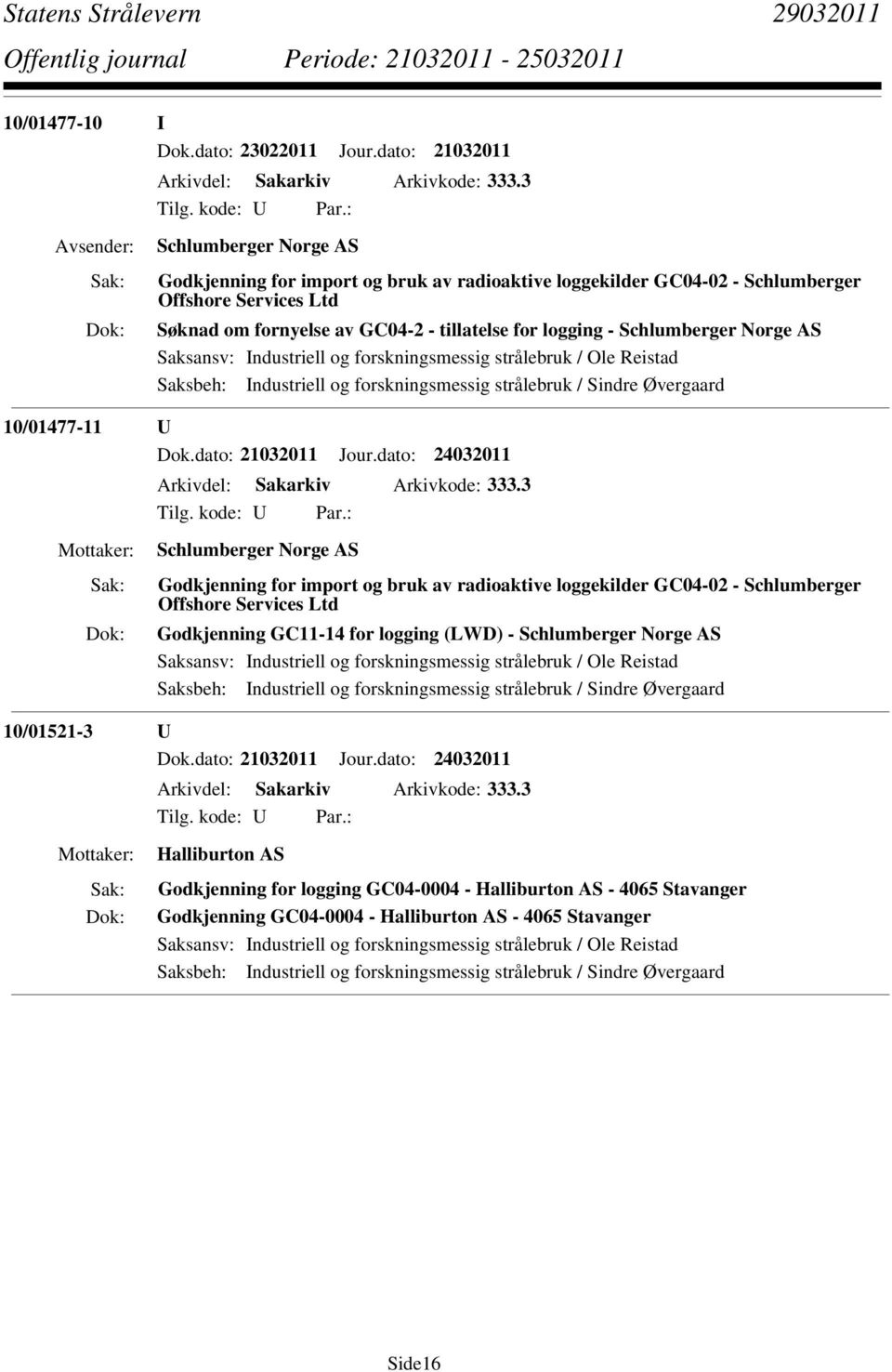 Norge AS Saksbeh: Industriell og forskningsmessig strålebruk / Sindre Øvergaard 10/01477-11 U Dok.dato: 21032011 Jour.dato: 24032011 Arkivdel: Sakarkiv Arkivkode: 333.