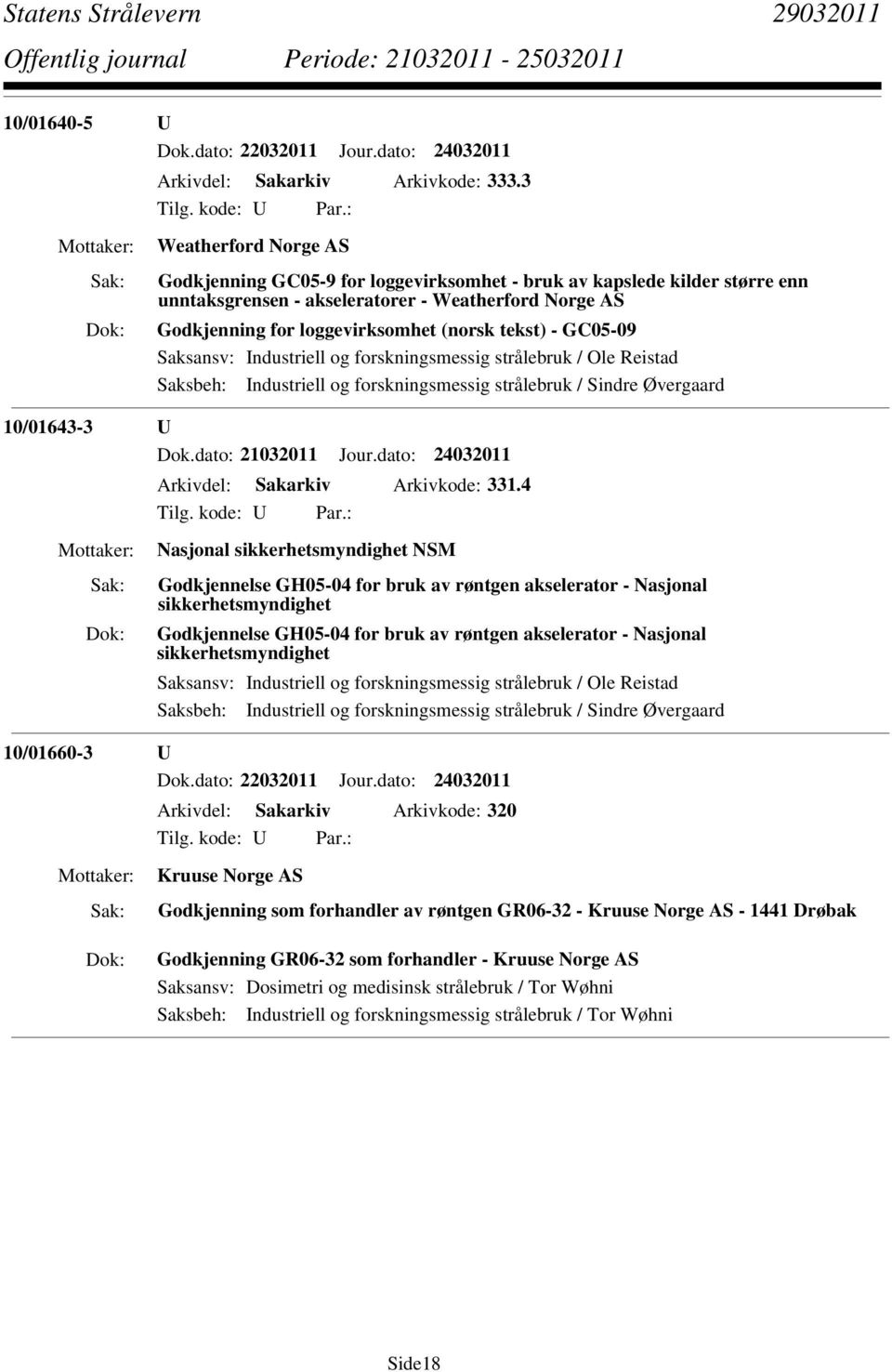 - GC05-09 Saksbeh: Industriell og forskningsmessig strålebruk / Sindre Øvergaard 10/01643-3 U Dok.dato: 21032011 Jour.dato: 24032011 Arkivdel: Sakarkiv Arkivkode: 331.