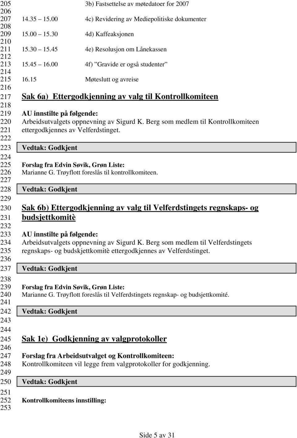 00 4f) Gravide er også studenter 16.15 Møteslutt og avreise Sak 6a) Ettergodkjenning av valg til Kontrollkomiteen AU innstilte på følgende: Arbeidsutvalgets oppnevning av Sigurd K.