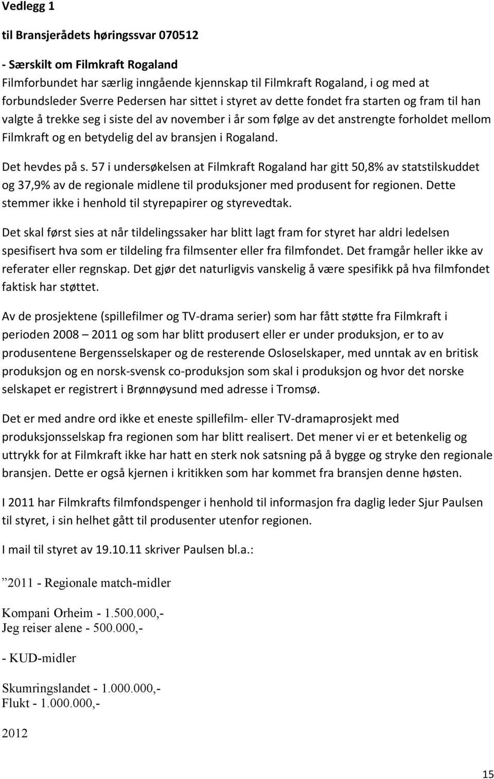 Rogaland. Det hevdes på s. 57 i undersøkelsen at Filmkraft Rogaland har gitt 50,8% av statstilskuddet og 37,9% av de regionale midlene til produksjoner med produsent for regionen.