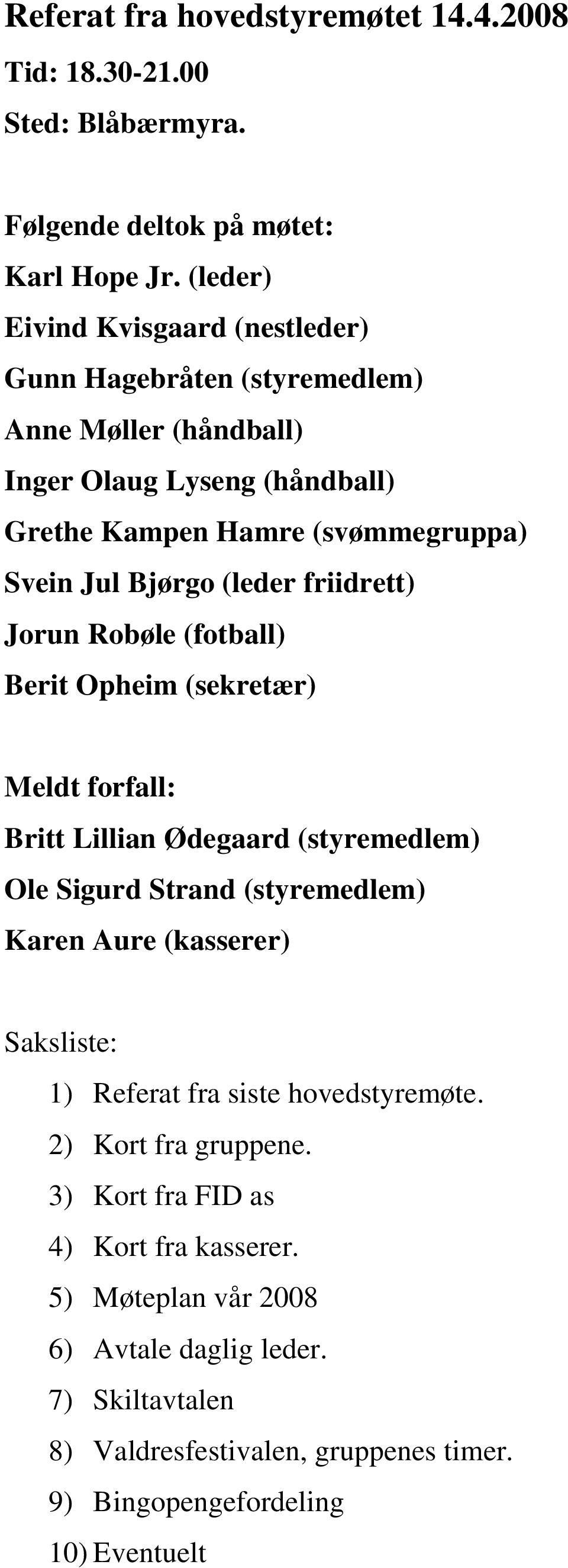 (leder friidrett) Jorun Robøle (fotball) Berit Opheim (sekretær) Meldt forfall: Britt Lillian Ødegaard (styremedlem) Ole Sigurd Strand (styremedlem) Karen Aure (kasserer)