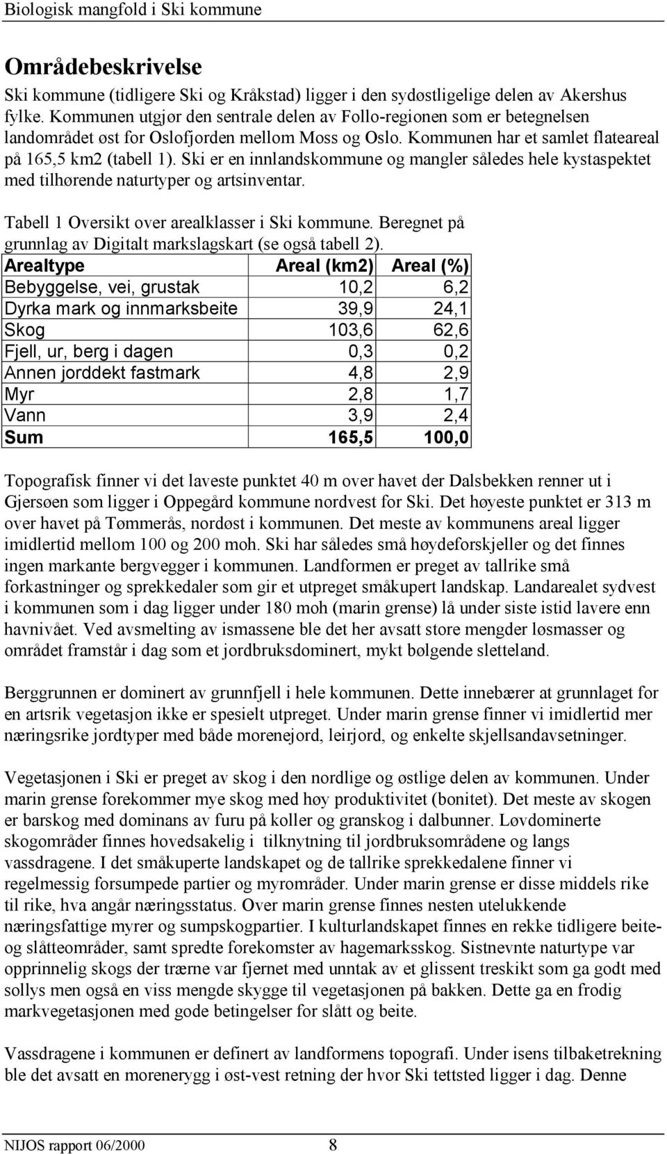 Ski er en innlandskommune og mangler således hele kystaspektet med tilhørende naturtyper og artsinventar. Tabell 1 Oversikt over arealklasser i Ski kommune.