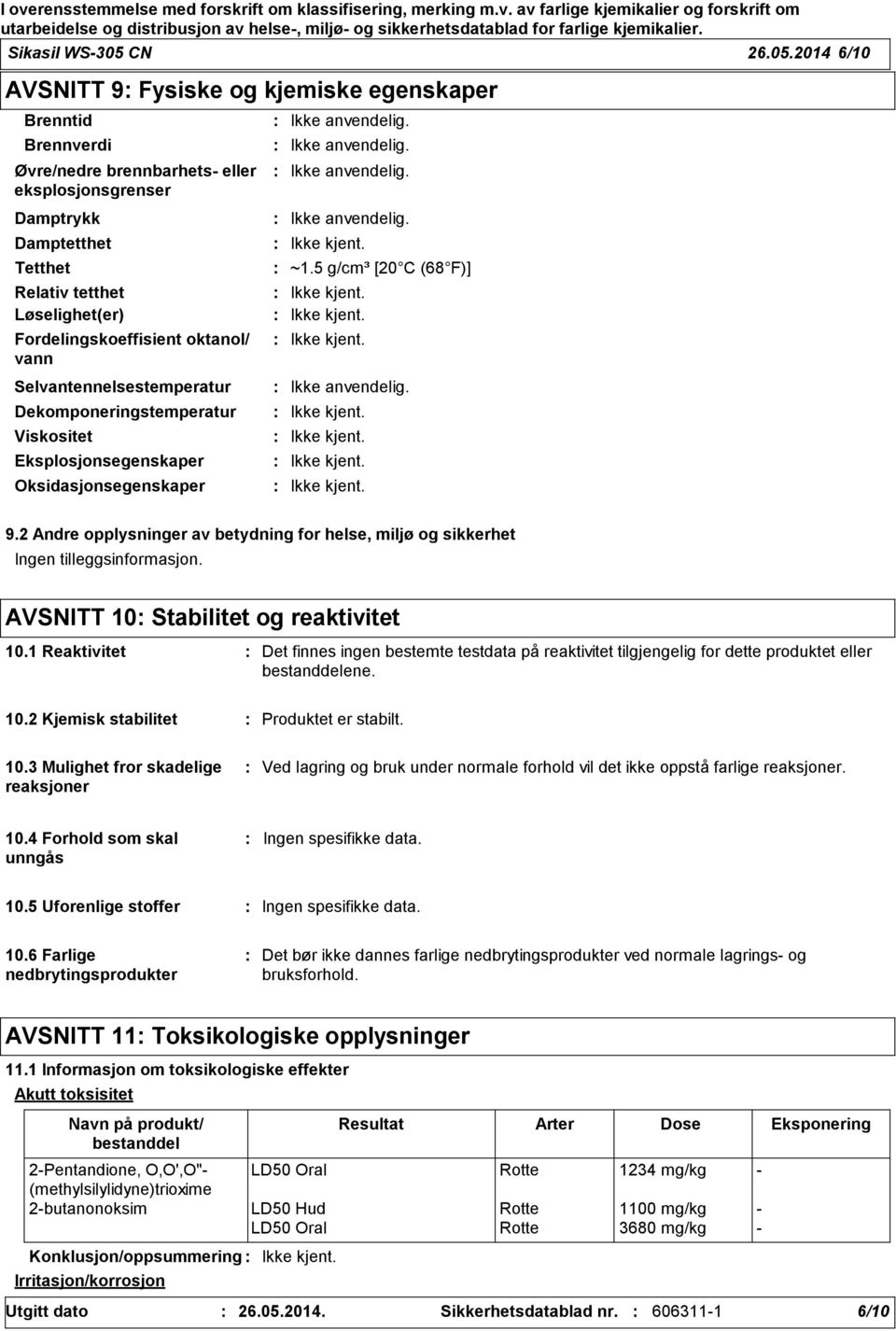 2014 6/10 AVSNITT 9 Fysiske og kjemiske egenskaper Brenntid Brennverdi Øvre/nedre brennbarhets eller eksplosjonsgrenser Damptrykk Damptetthet Tetthet Relativ tetthet Løselighet(er)