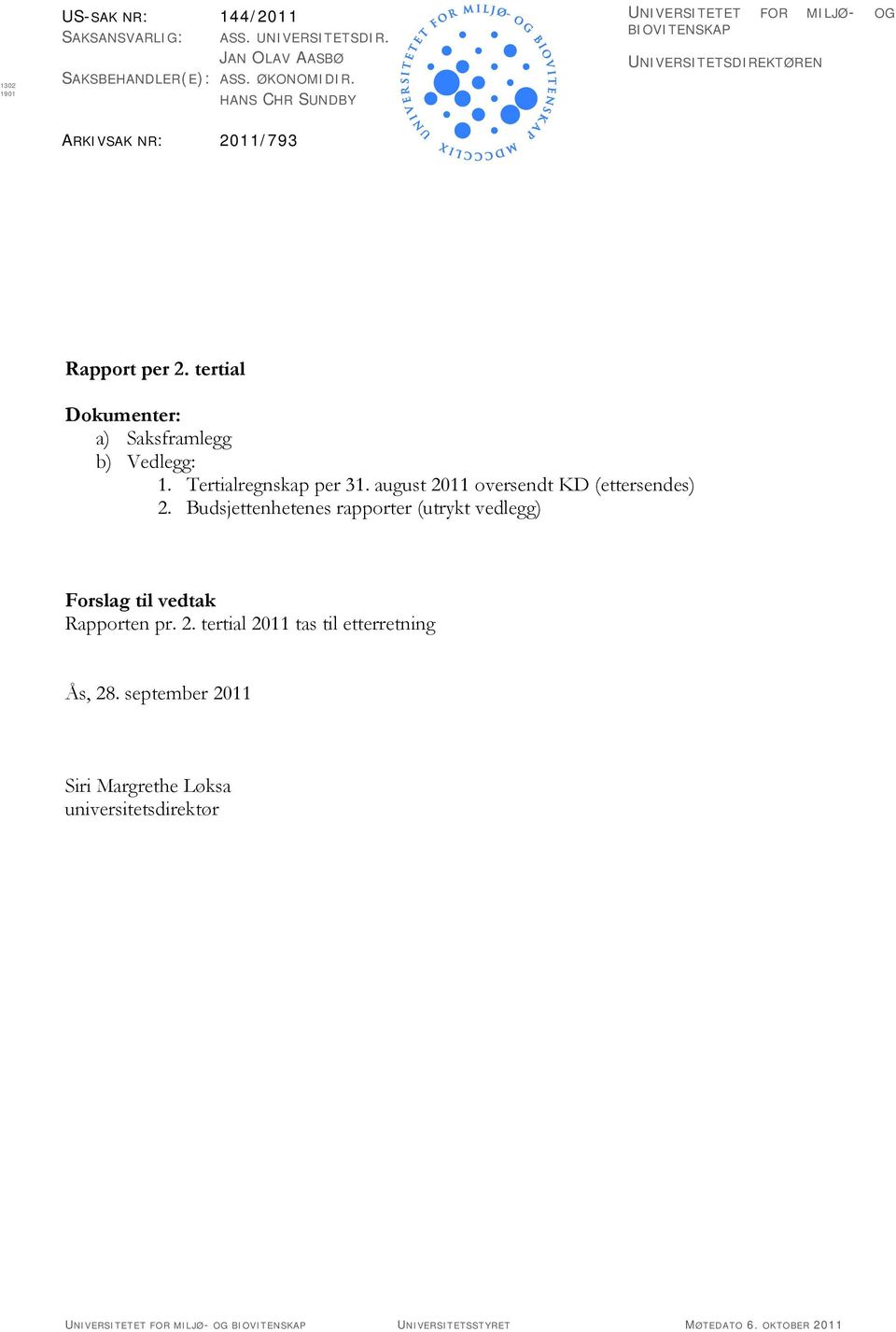 tertial Dokumenter: a) Saksframlegg b) Vedlegg: 1. Tertialregnskap per 31. august 2011 oversendt KD (ettersendes) 2.