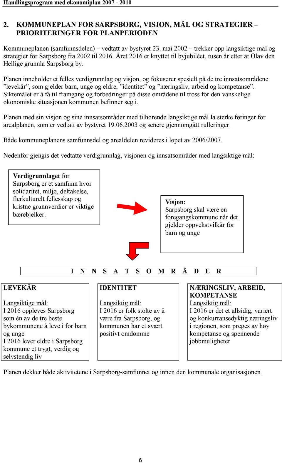 Planen inneholder et felles verdigrunnlag og visjon, og fokuserer spesielt på de tre innsatsområdene levekår, som gjelder barn, unge og eldre, identitet og næringsliv, arbeid og kompetanse.