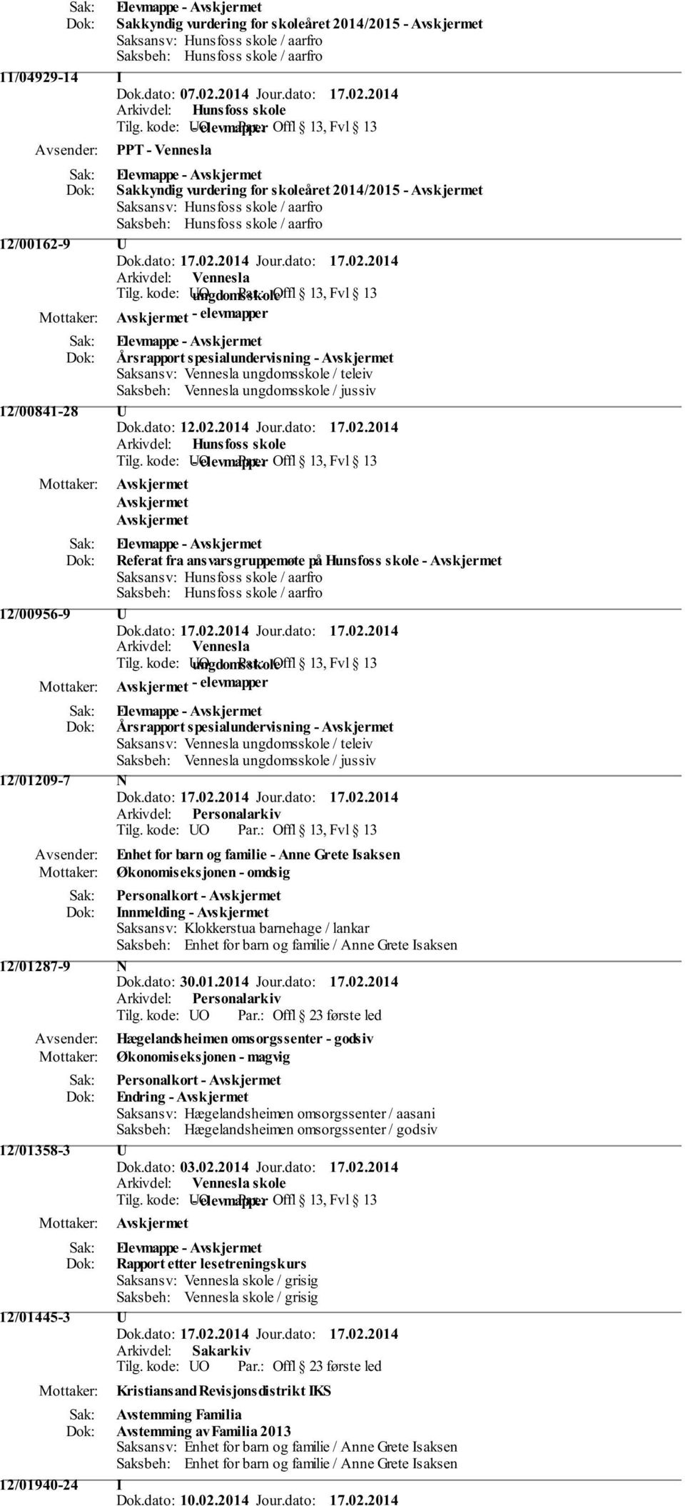 ungdomsskole / jussiv 12/00841-28 Dok.dato: 12.02.2014 Jour.dato: 17.02.2014 Arkivdel: Hunsfoss skole Tilg.