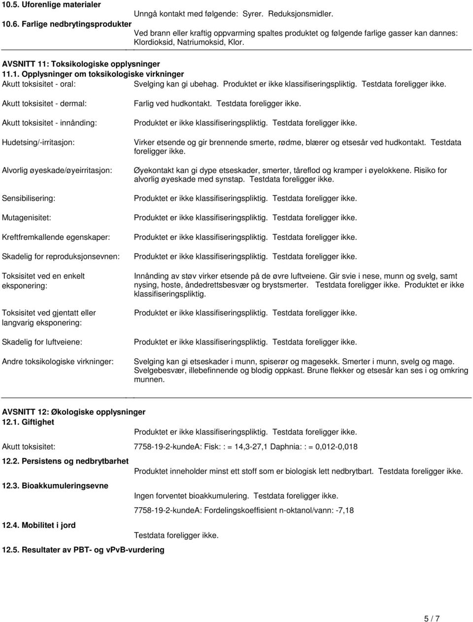 klassifiseringspliktig Testdata foreligger ikke Akutt toksisitet - dermal: Akutt toksisitet - innånding: Hudetsing/-irritasjon: Alvorlig øyeskade/øyeirritasjon: Sensibilisering: Mutagenisitet: