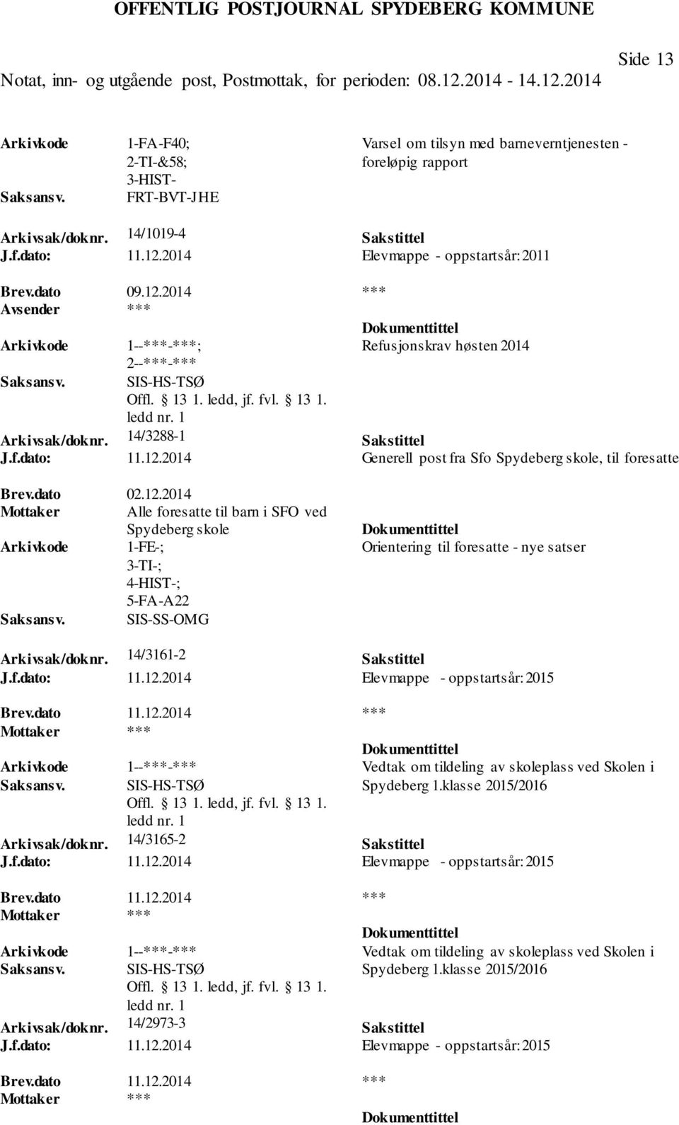 2014 Generell post fra Sfo Spydeberg skole, til foresatte Brev.dato 02.12.