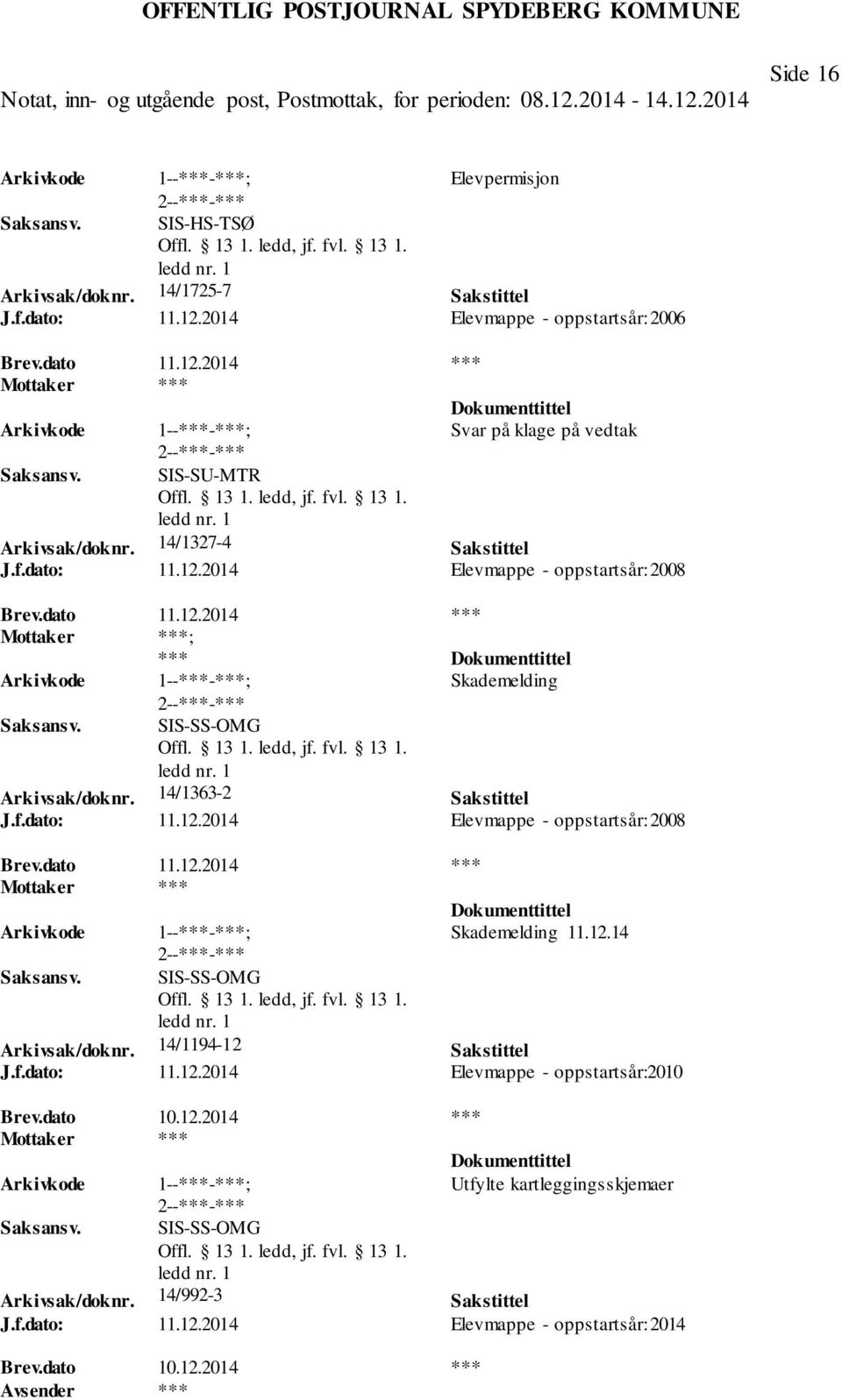 12.14 SIS-SS-OMG Arkivsak/doknr. 14/1194-12 Sakstittel J.f.dato: 11.12.2014 Elevmappe - oppstartsår:2010 Brev.dato 10.12.2014 *** Utfylte kartleggingsskjemaer SIS-SS-OMG Arkivsak/doknr.