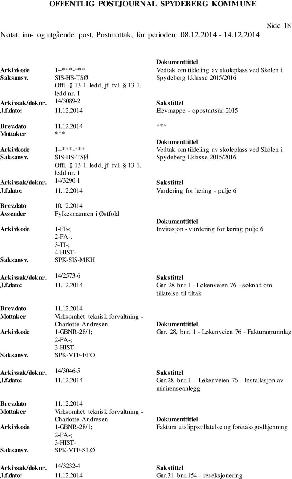 dato 11.12.2014 Mottaker Virksomhet teknisk forvaltning - Charlotte Andresen 1-GBNR-28/1; SPK-VTF-EFO Gnr. 28, bnr. 1 - Løkenveien 76 - Fakturagrunnlag Arkivsak/doknr. 14/3046-5 Sakstittel J.f.dato: 11.