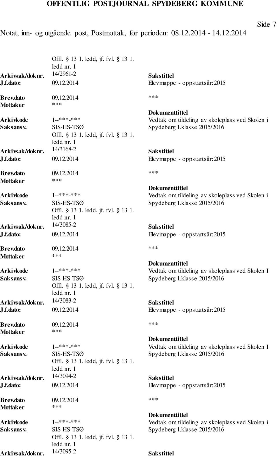 14/3085-2 Sakstittel 1--***-*** Vedtak om tildeling av skoleplass ved Skolen I