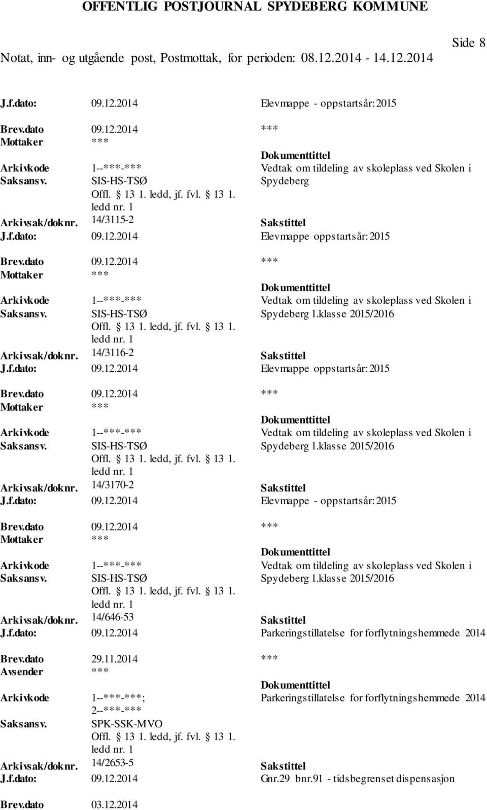 14/646-53 Sakstittel J.f.dato: 09.12.2014 Parkeringstillatelse for forflytningshemmede 2014 Brev.dato 29.11.