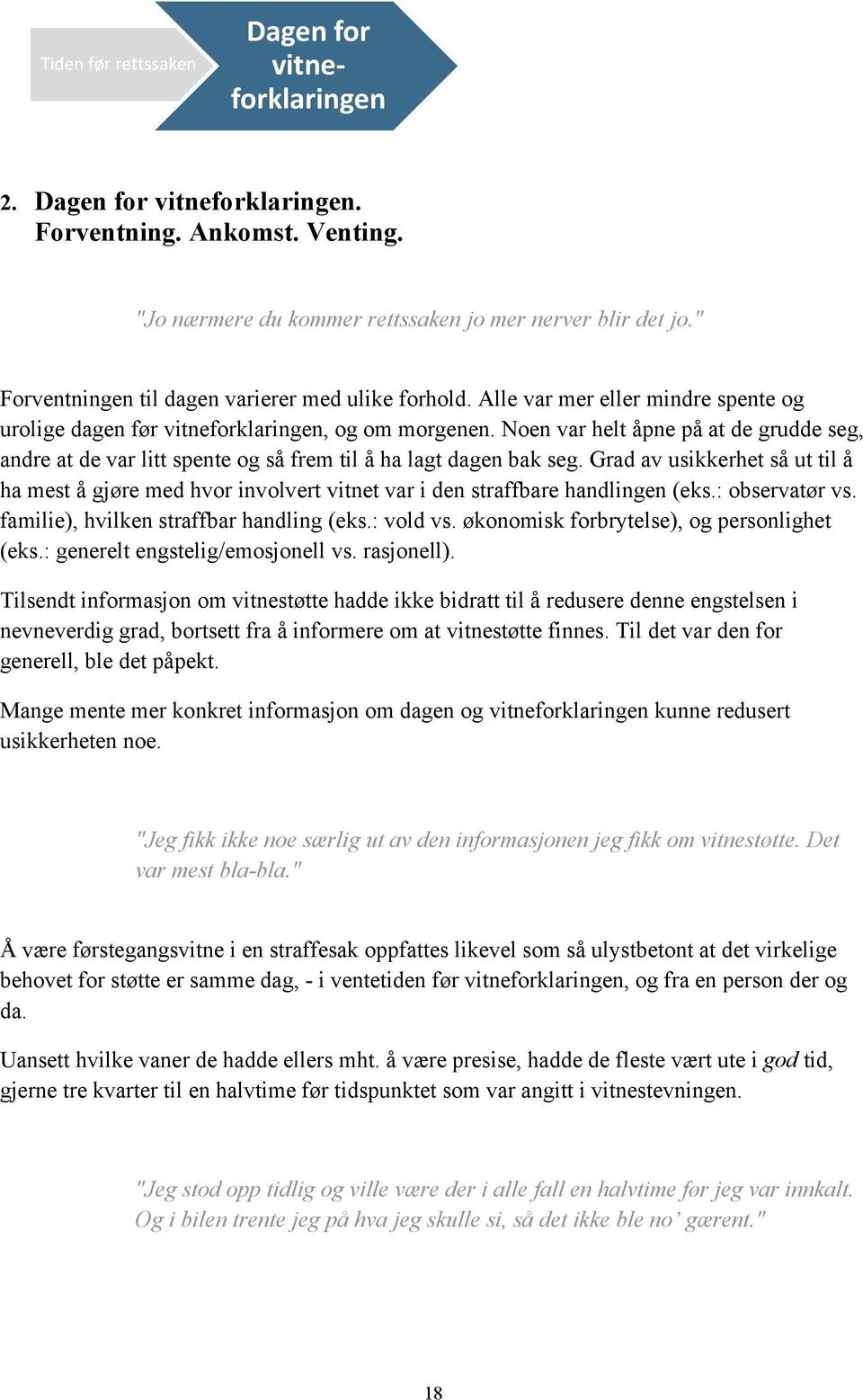 Alle var mer eller mindre spente og urolige dagen før vitneforklaringen, og om morgenen. Noen var helt åpne på at de grudde seg, andre at de var litt spente og så frem til å ha lagt dagen bak seg.