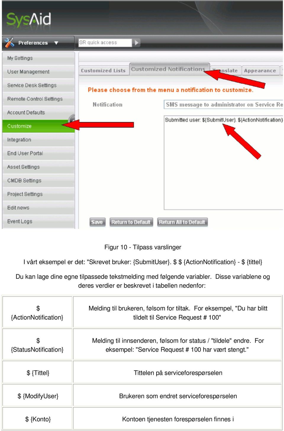 Disse variablene og deres verdier er beskrevet i tabellen nedenfor: $ {ActionNotification} Melding til brukeren, følsom for tiltak.