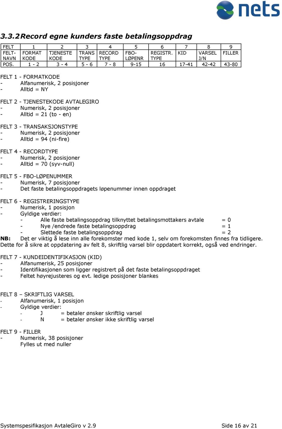 Numerisk, 7 posisjoner - Det faste betalingsoppdragets løpenummer innen oppdraget FELT 6 - REGISTRERINGSTYPE - Numerisk, 1 posisjon - Gyldige verdier: - Alle faste betalingsoppdrag tilknyttet