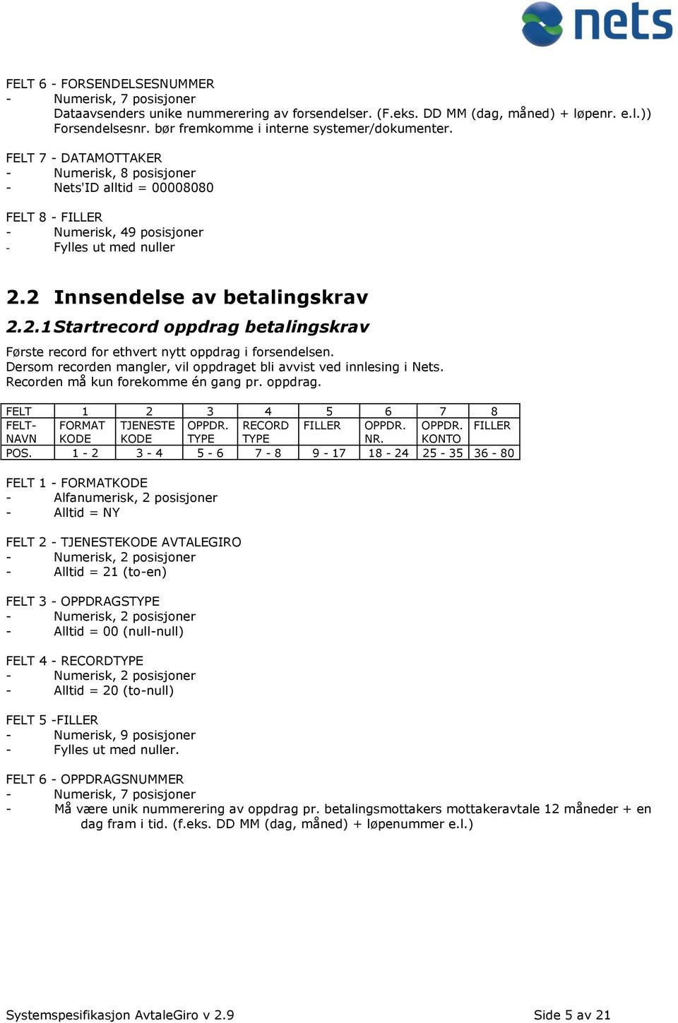 2 Innsendelse av betalingskrav 2.2.1 Startrecord oppdrag betalingskrav Første record for ethvert nytt oppdrag i forsendelsen. Dersom recorden mangler, vil oppdraget bli avvist ved innlesing i Nets.