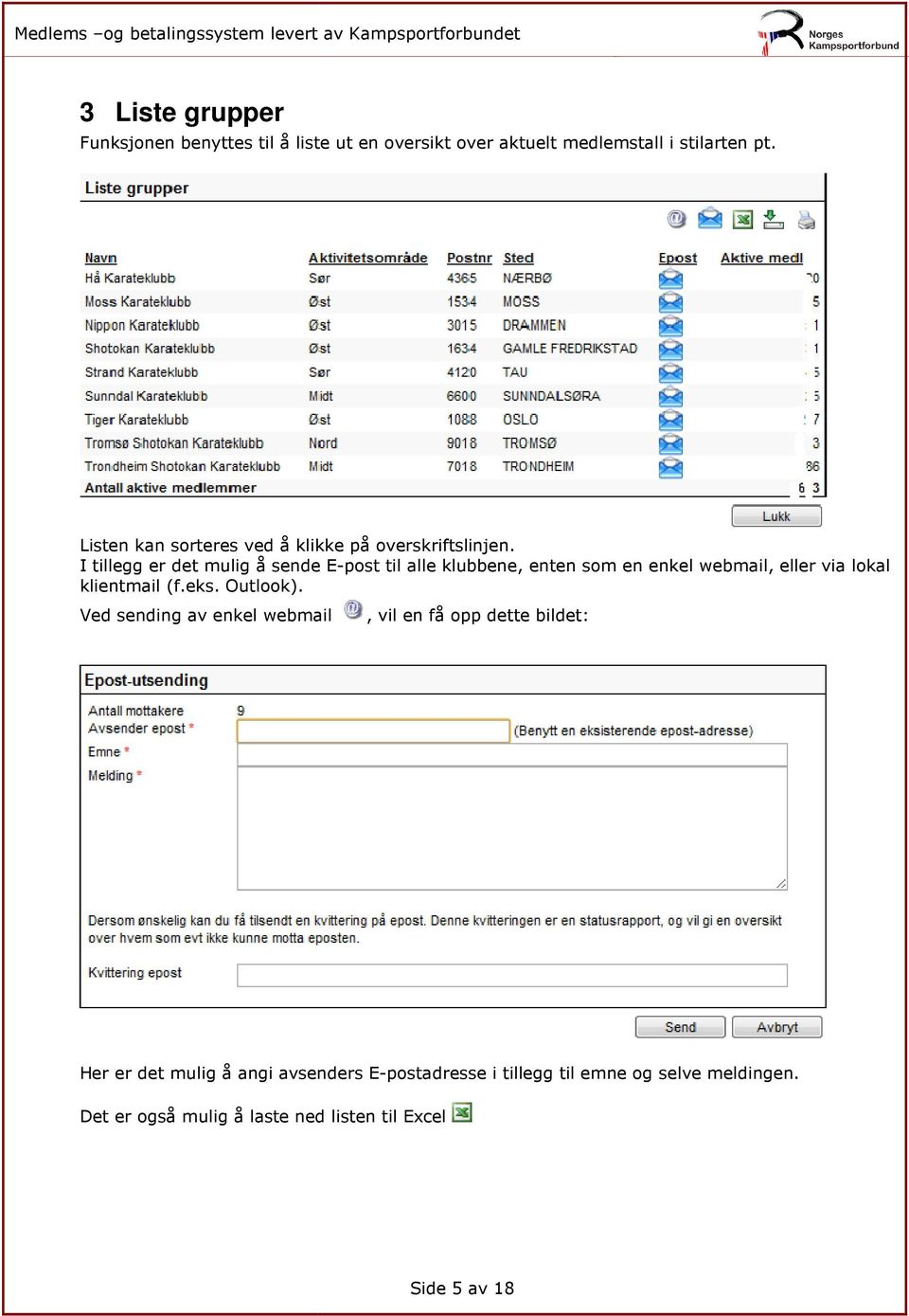 I tillegg er det mulig å sende E-post til alle klubbene, enten som en enkel webmail, eller via lokal klientmail (f.eks.