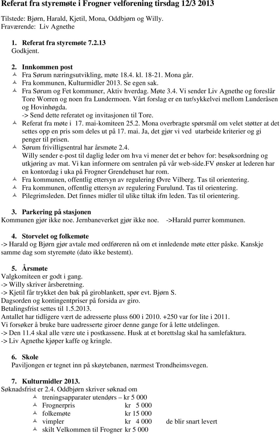 Vårt forslag er en tur/sykkelvei mellom Lunderåsen og Hovinhøgda. -> Send dette referatet og invitasjonen til Tore. Referat fra møte i 17. mai-komiteen 25