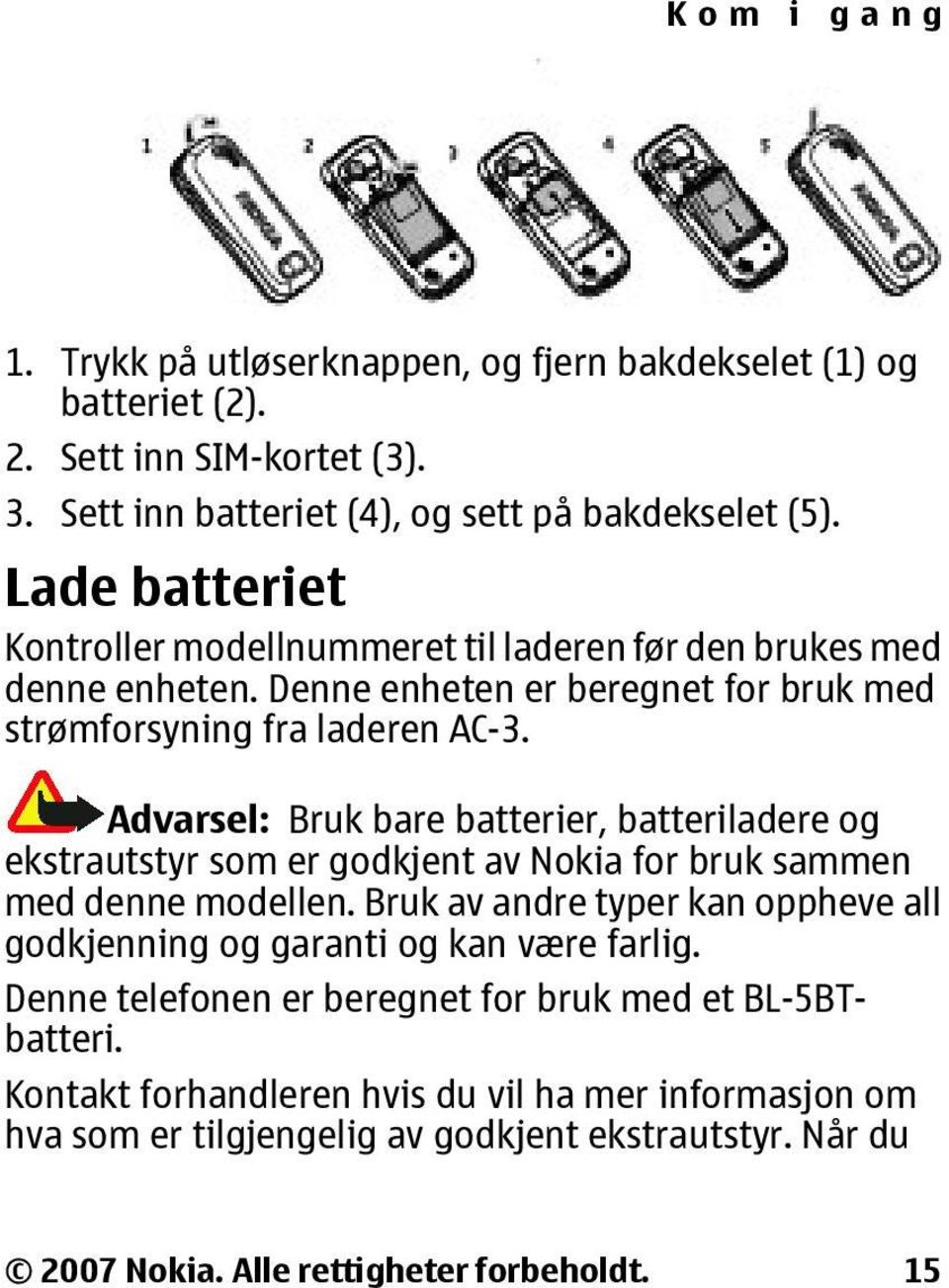 Advarsel: Bruk bare batterier, batteriladere og ekstrautstyr som er godkjent av Nokia for bruk sammen med denne modellen.