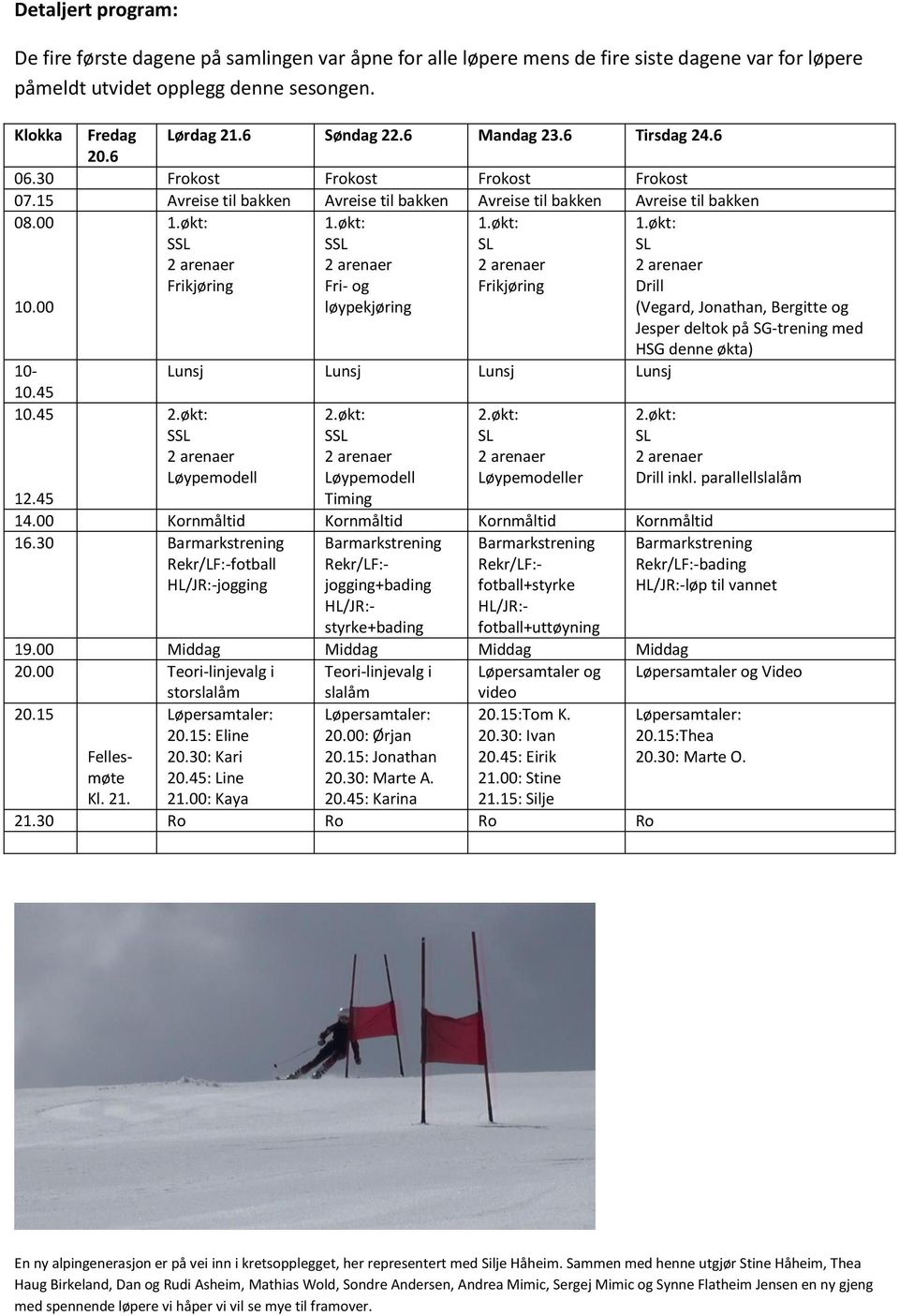 00 Frikjøring Fri- og løypekjøring Frikjøring Drill (Vegard, Jonathan, Bergitte og Jesper deltok på SG-trening med HSG denne økta) 10- Lunsj Lunsj Lunsj Lunsj 10.45 10.