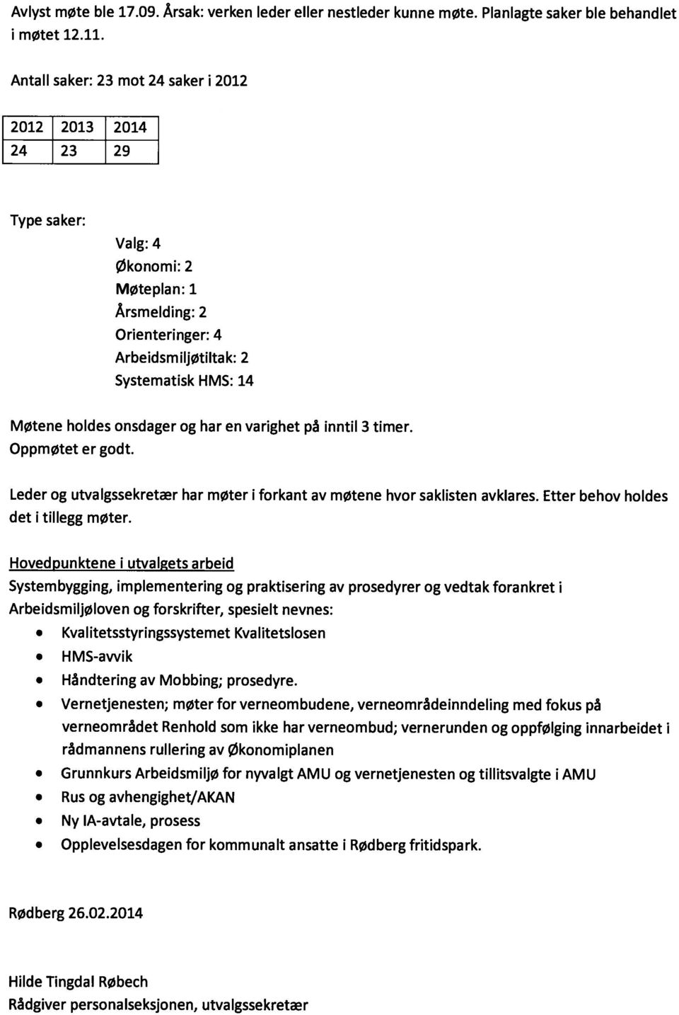 og har en varighet på inntil 3 timer. Oppmøtet er godt. Leder og utvalgssekretær har møter i forkant av møtene hvor saklisten avklares. Etter behov holdes det i tillegg møter.