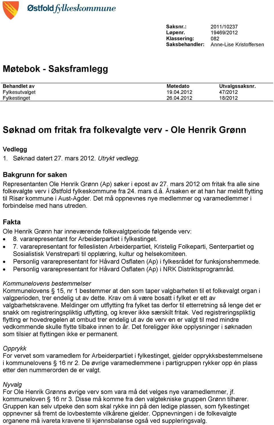 Bakgrunn for saken Representanten Ole Henrik Grønn (Ap) søker i epost av 27. mars 2012 om fritak fra alle sine folkevalgte verv i Østfold fylkeskommune fra 24. mars d.å.