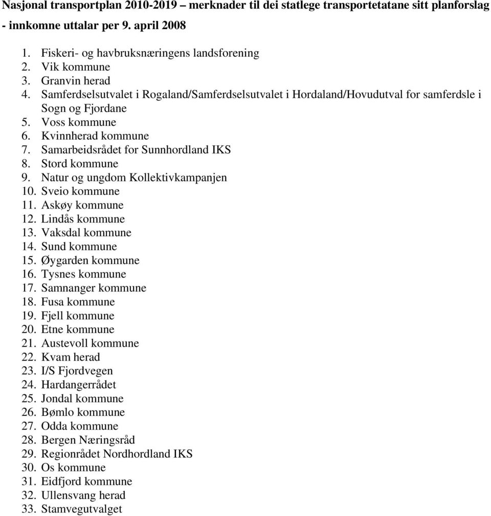 Samarbeidsrådet for Sunnhordland IKS 8. Stord kommune 9. Natur og ungdom Kollektivkampanjen 10. Sveio kommune 11. Askøy kommune 12. Lindås kommune 13. Vaksdal kommune 14. Sund kommune 15.