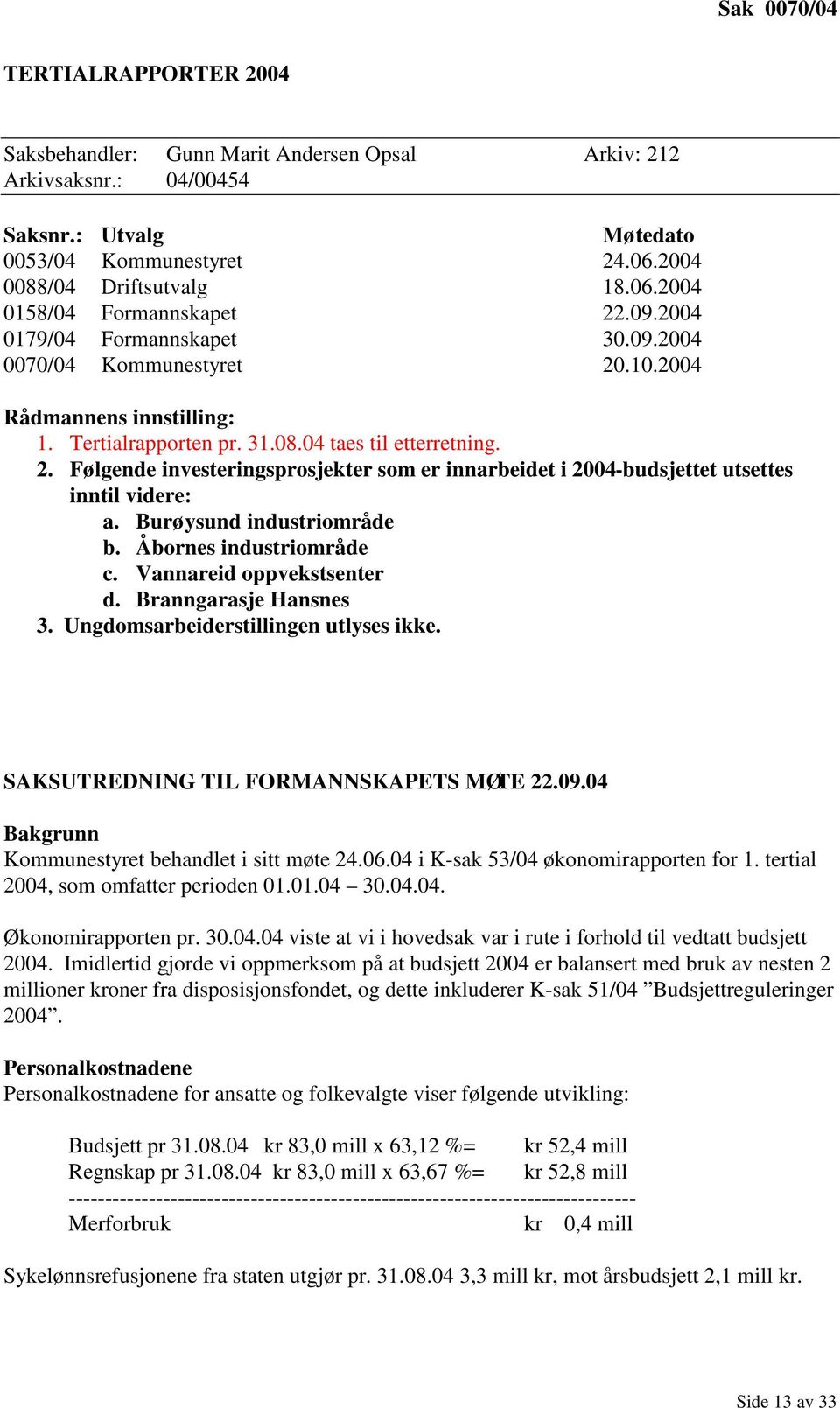 Burøysund industriområde b. Åbornes industriområde c. Vannareid oppvekstsenter d. Branngarasje Hansnes 3. Ungdomsarbeiderstillingen utlyses ikke. SAKSUTREDNING TIL FORMANNSKAPETS MØTE 22.09.