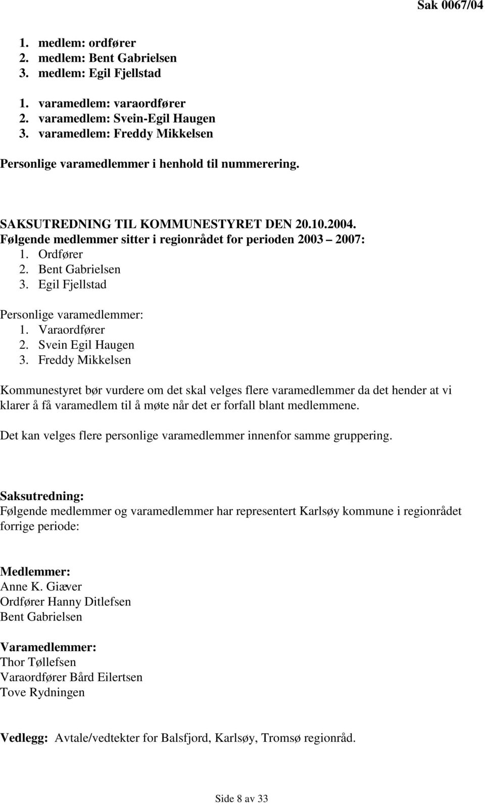 Ordfører 2. Bent Gabrielsen 3. Egil Fjellstad Personlige varamedlemmer: 1. Varaordfører 2. Svein Egil Haugen 3.