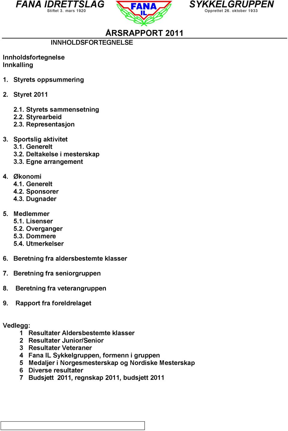 Beretning fra aldersbestemte klasser 7. Beretning fra seniorgruppen 8. Beretning fra veterangruppen 9.