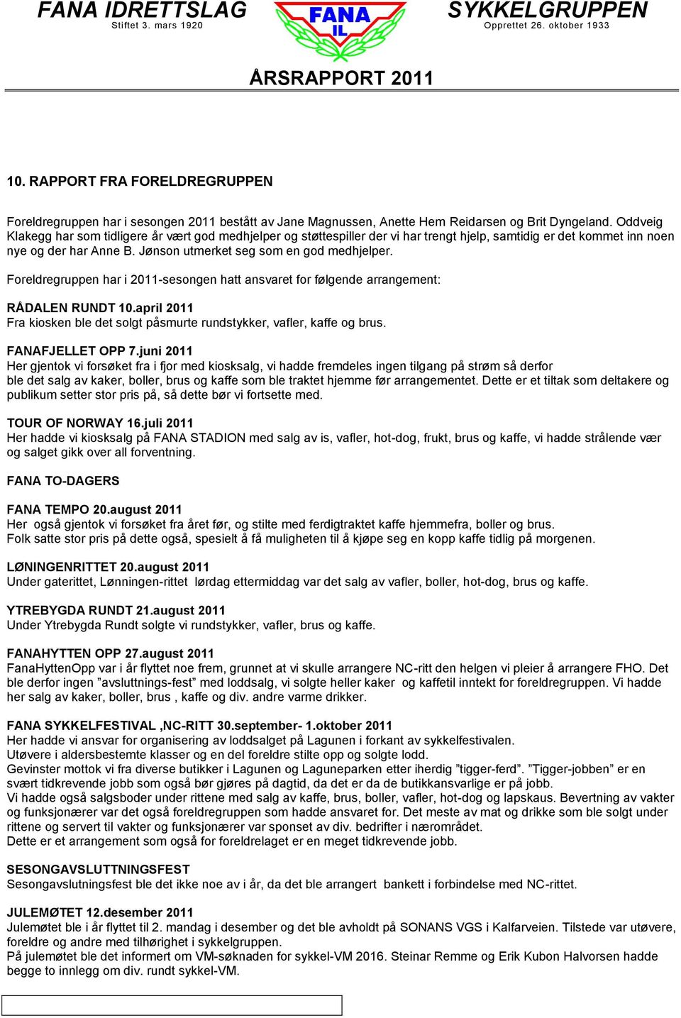 Foreldregruppen har i 2011-sesongen hatt ansvaret for følgende arrangement: RÅDALEN RUNDT 10.april 2011 Fra kiosken ble det solgt påsmurte rundstykker, vafler, kaffe og brus. FANAFJELLET OPP 7.