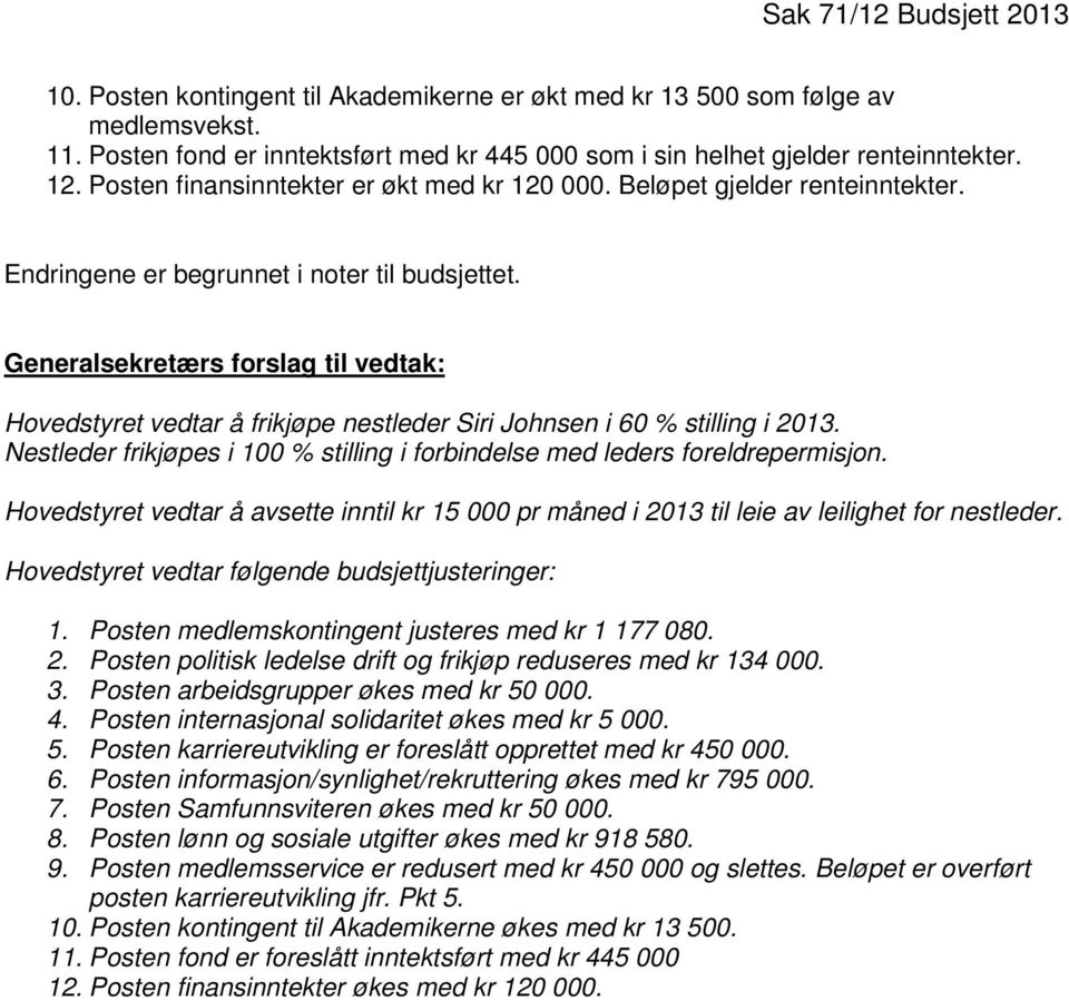 Generalsekretærs forslag til vedtak: Hovedstyret vedtar å frikjøpe nestleder Siri Johnsen i 60 % stilling i 2013. Nestleder frikjøpes i 100 % stilling i forbindelse med leders foreldrepermisjon.