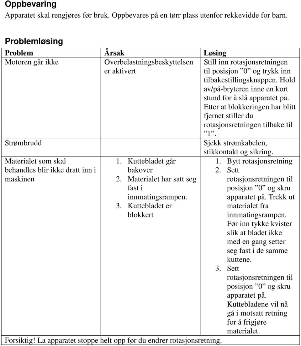 Hold av/på-bryteren inne en kort stund for å slå apparatet på. Etter at blokkeringen har blitt fjernet stiller du rotasjonsretningen tilbake til 1.