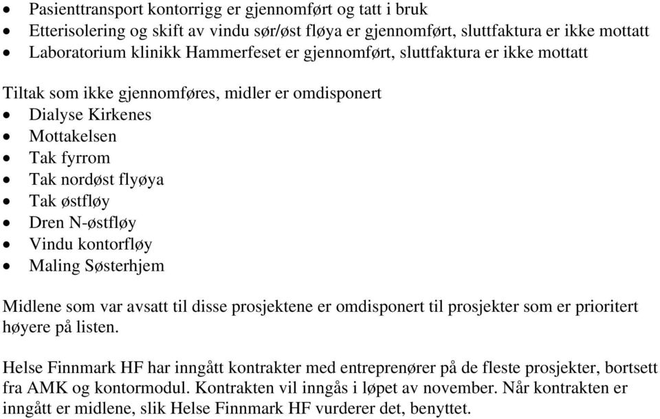 kontorfløy Maling Søsterhjem Midlene som var avsatt til disse prosjektene er omdisponert til prosjekter som er prioritert høyere på listen.