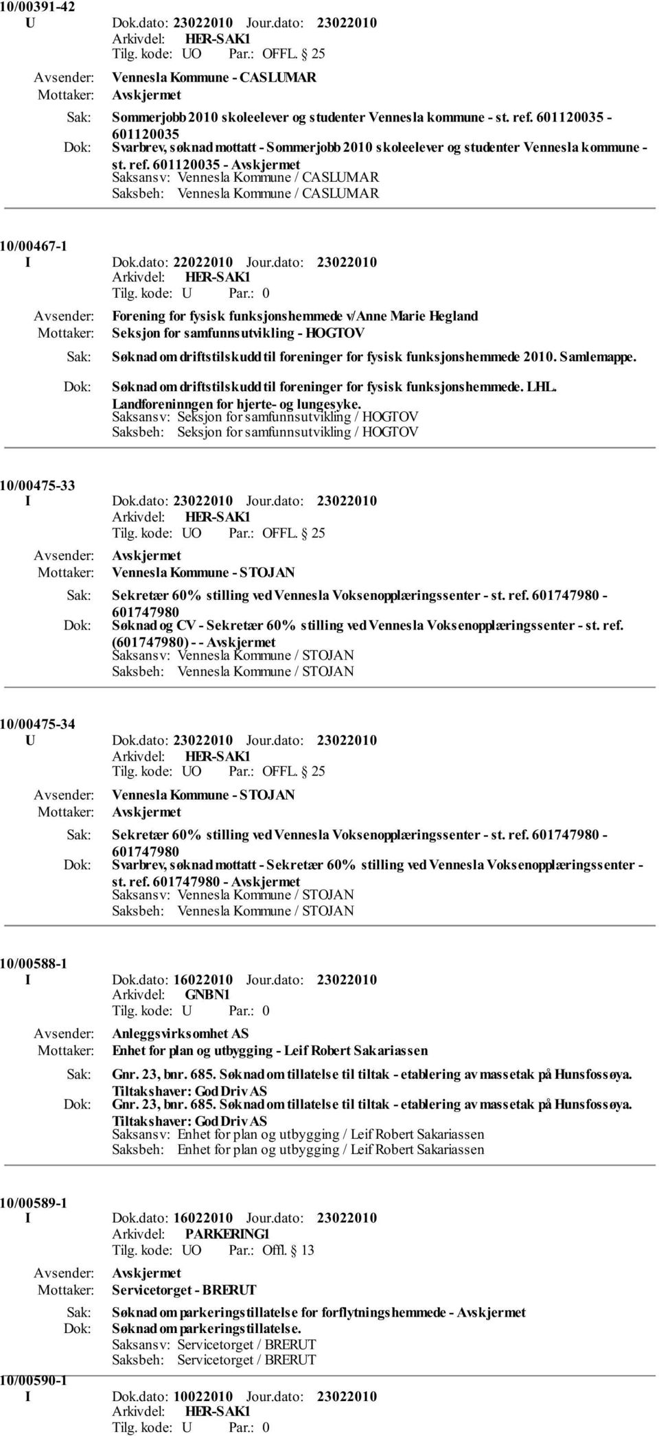 601120035 - Saksansv: Vennesla Kommune / CASLUMAR Saksbeh: Vennesla Kommune / CASLUMAR 10/00467-1 I Dok.dato: 22022010 Jour.