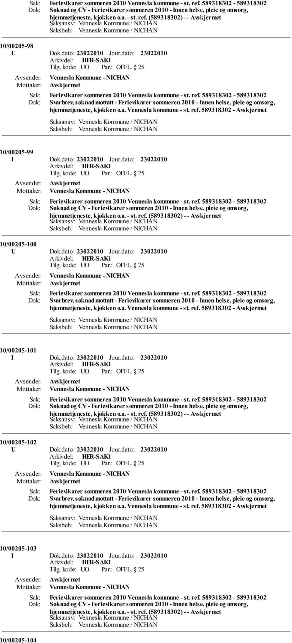 dato: Vennesla Kommune - NICHAN Søknad og CV - Ferievikarer sommeren 2010 - Innen helse, pleie og omsorg, hjemmetjeneste, kjøkken o.a. - st. ref. (589318302) - - 10/00205-100 U Dok.dato: Jour.