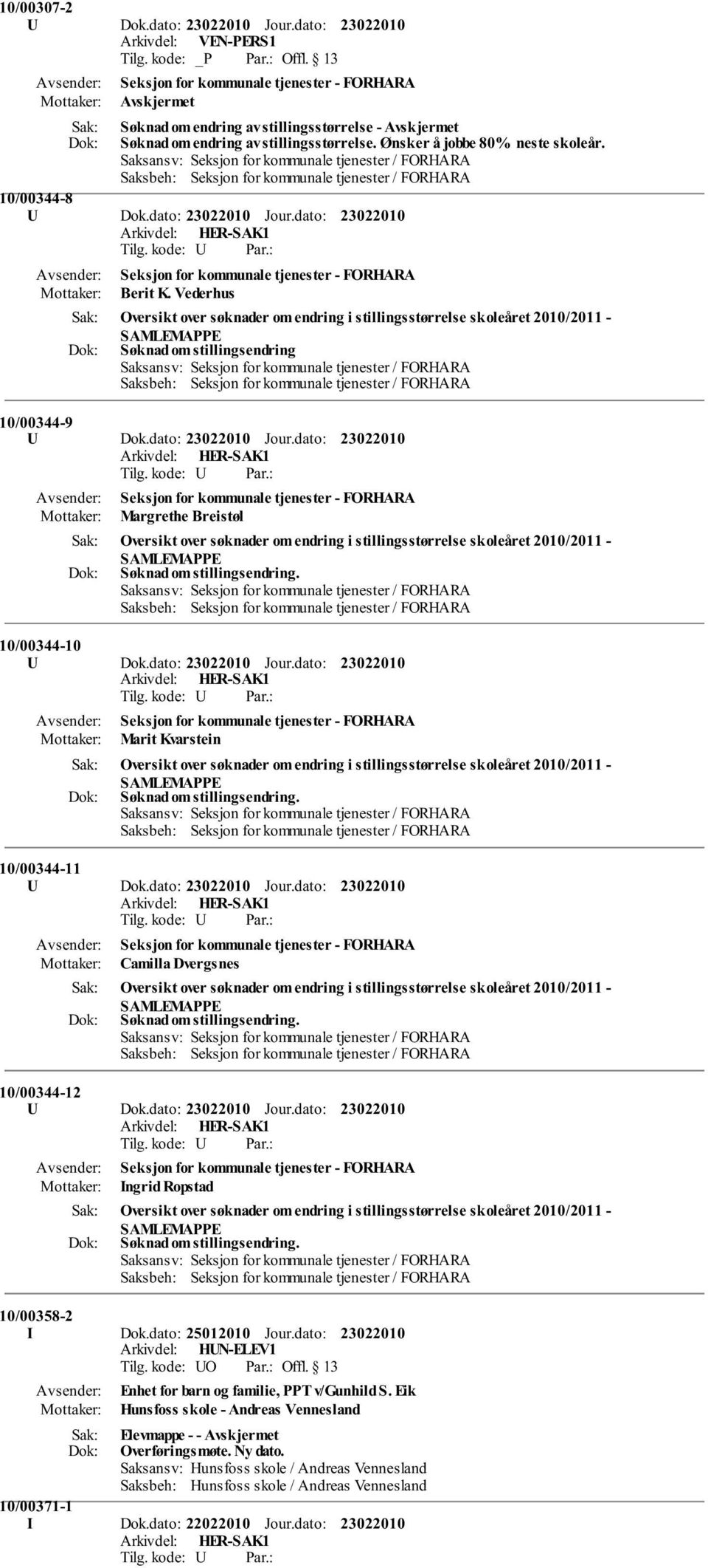 Saksansv: Seksjon for kommunale tjenester / FORHARA Saksbeh: Seksjon for kommunale tjenester / FORHARA 10/00344-8 U Dok.dato: Jour.dato: Seksjon for kommunale tjenester - FORHARA Berit K.