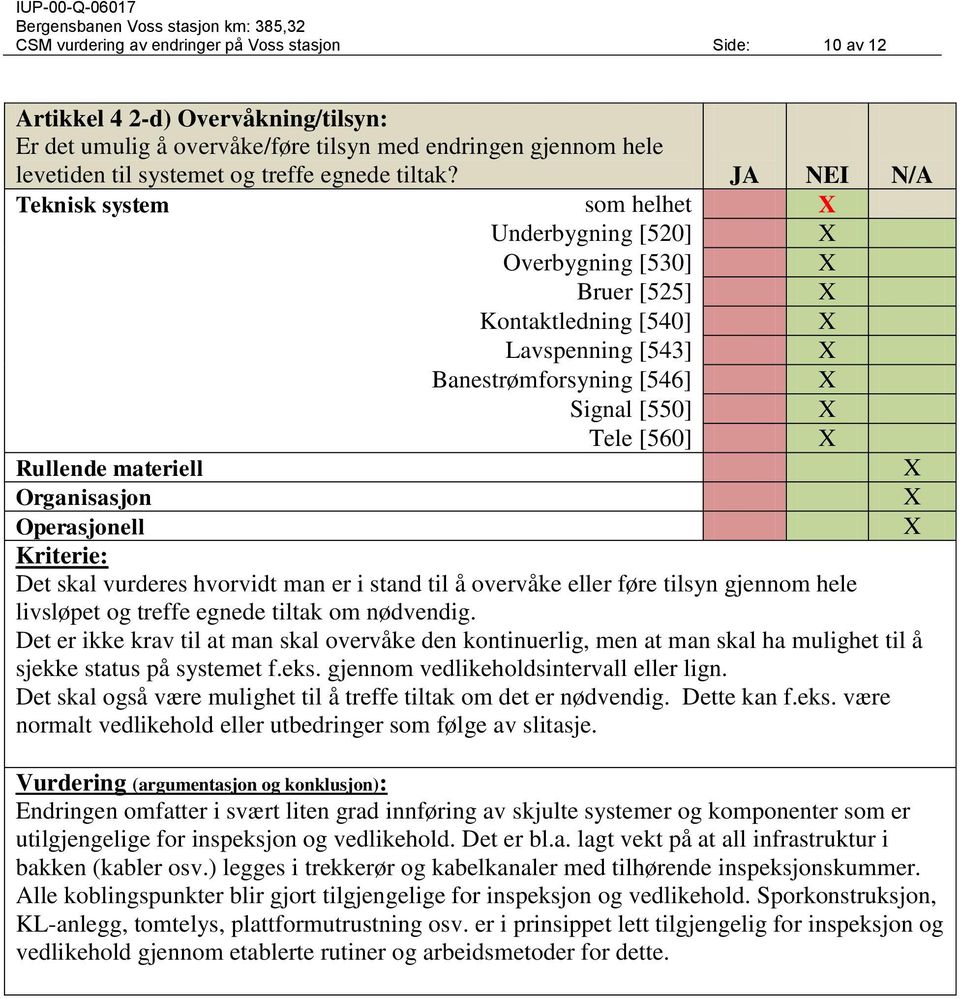 JA NEI N/A Teknisk system som helhet Underbygning [520] Overbygning [530] Bruer [525] Kontaktledning [540] Lavspenning [543] Banestrømforsyning [546] Signal [550] Tele [560] Rullende materiell