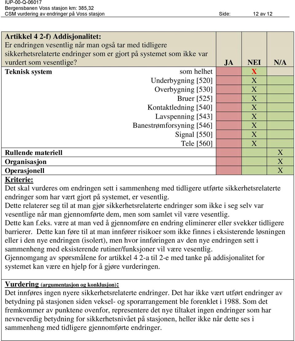 JA NEI N/A Teknisk system som helhet Underbygning [520] Overbygning [530] Bruer [525] Kontaktledning [540] Lavspenning [543] Banestrømforsyning [546] Signal [550] Tele [560] Rullende materiell